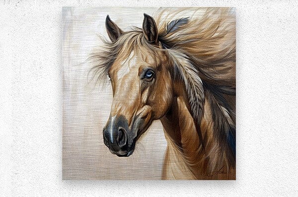 Sequoyah ~ Blue-Eyed Golden Horse Print | Yellowstone Spirit Southwestern Collection Painting Print Objects Of Beauty Southwest Brushed Metal Print 8x8inches (21x21cm) 