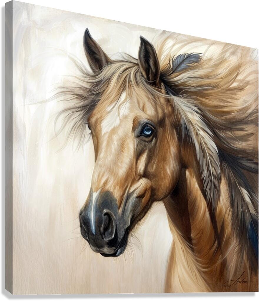 Sequoyah ~ Blue-Eyed Golden Horse Print | Yellowstone Spirit Southwestern Collection Painting Print Objects Of Beauty Southwest Giclée Stretched Canvas Print 8x8inches (21x21cm) 