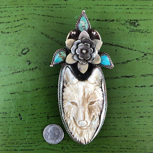 She-Wolf w Floral Turquoise Details Pendant Necklace | Yellowstone Spirit Southwestern and Spirit Animal Collections Wolf Necklace Objects of Beauty Southwest 