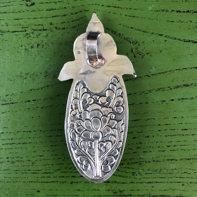 Carved Bone She-Wolf w Floral Turquoise Details Pendant Necklace | Yellowstone Wolf Necklace Objects of Beauty Southwest 