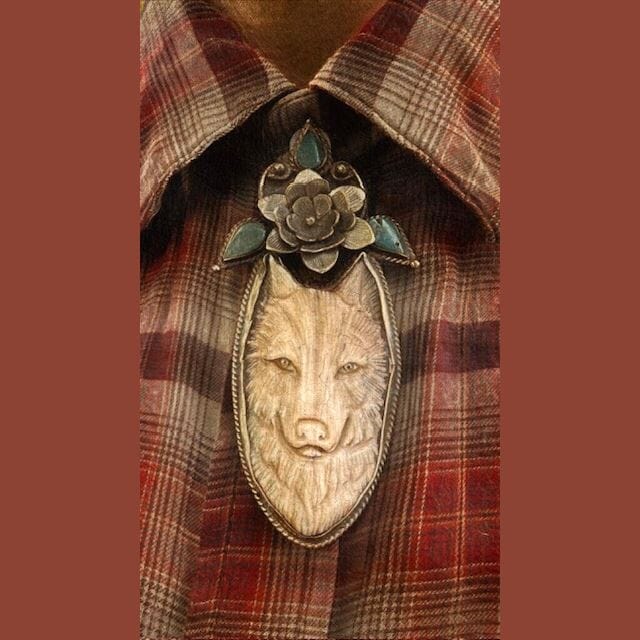 She-Wolf w Floral Turquoise Details Pendant Necklace | Yellowstone Spirit Southwestern and Spirit Animal Collections Wolf Necklace Objects of Beauty Southwest 