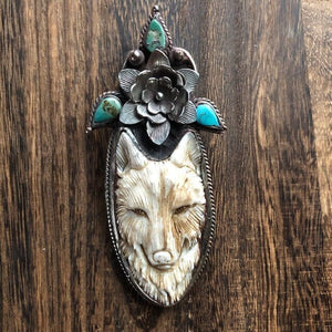 She-Wolf w Floral Turquoise Details Pendant Necklace | Yellowstone Spirit Southwestern and Spirit Animal Collections Wolf Necklace Objects of Beauty Southwest 