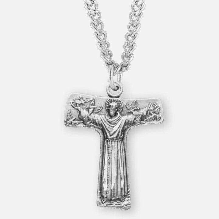 Silver Tau Cross w St Francis n Birds Pendant w Chain Silver Necklace Objects of Beauty Southwest 