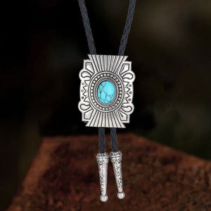 Silver & Turquoise Square Concho Bolo Tie | Yellowstone Spirit Southwestern Collection Turquoise Necklace Objects of Beauty Southwest 