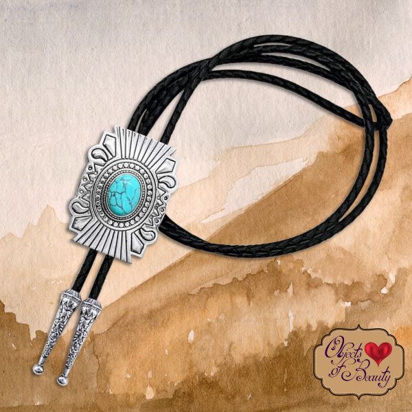 Silver & Turquoise Square Concho Bolo Tie | Yellowstone Spirit Southwestern Collection Turquoise Necklace Objects of Beauty Southwest 