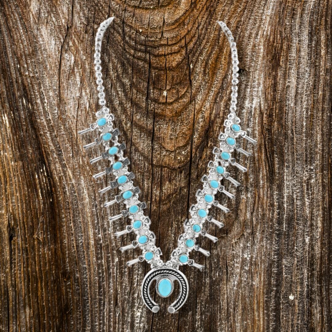 Sleeping Beauty Turquoise Squash Blossom Navajo Necklace