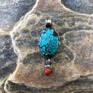 Small Oval Turquoise w/ Spider Matrix and Coral Drop Pendant | Yellowstone Spirit Southwestern Collection Turquoise Necklace Objects of Beauty Southwest 