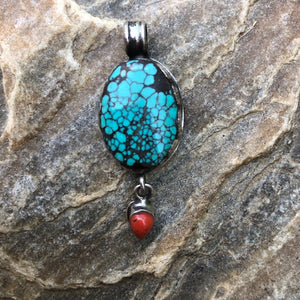 Small Oval Turquoise w/ Spider Matrix and Coral Drop Pendant | Yellowstone Collection Turquoise Necklace Objects of Beauty Southwest 