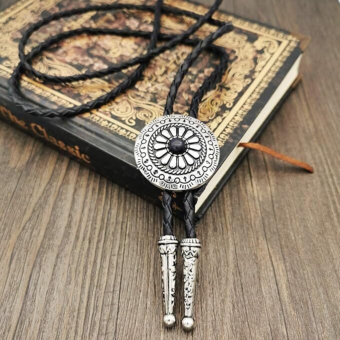 Southwestern Silver Flower w Black Stone Bolo Tie | Yellowstone Spirit Southwestern Collection Coral Turquoise Necklace Objects Of Beauty Southwest 