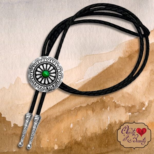 Southwestern Silver Flower w Green Stone Bolo Tie | Yellowstone Spirit Southwestern Collection Bolo Necktie Objects Of Beauty Southwest 