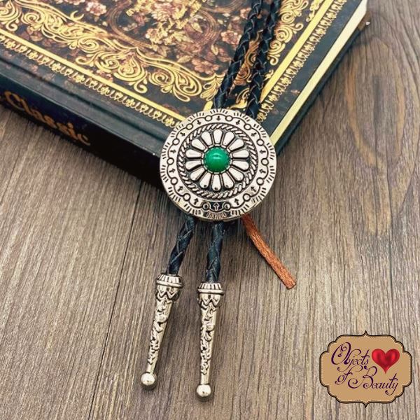 Southwestern Silver Flower w Green Stone Bolo Tie | Yellowstone Spirit Southwestern Collection Bolo Necktie Objects Of Beauty Southwest 