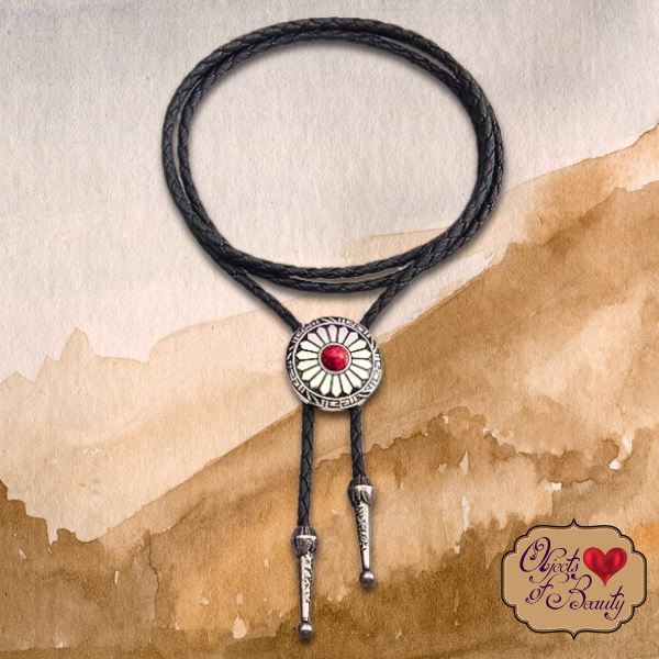 Southwestern Silver Flower w Red Stone Bolo Tie | Yellowstone Spirit Southwestern Collection Coral Turquoise Necklace Objects Of Beauty Southwest 