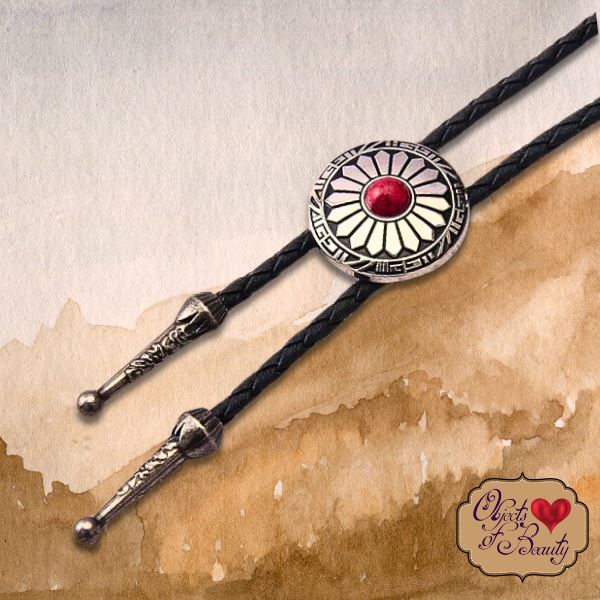 Southwestern Silver Flower w Red Stone Bolo Tie | Yellowstone Spirit Southwestern Collection Objects of Beauty 