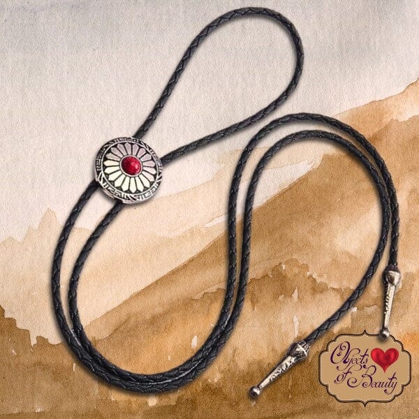 Southwestern Silver Flower w Red Stone Bolo Tie | Yellowstone Spirit Southwestern Collection Objects of Beauty 