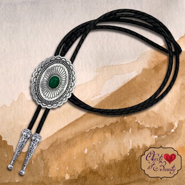 Southwestern Silver Oval Flower w Green Stone Bolo Tie | Yellowstone Spirit Southwestern Collection Bolo Necktie Objects Of Beauty Southwest 