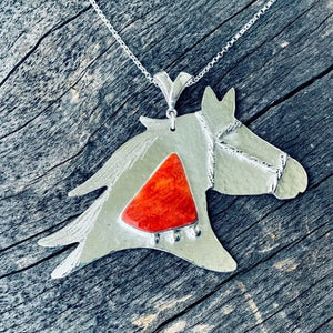 Sterling Horse Head Pendant Necklace w Spiny Oyster Shell | Yellowstone Spirit Southwestern and Spirit Animal Collections Pendant Necklace Objects of Beauty Southwest 