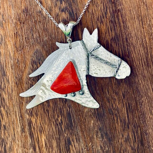 Sterling Horse Head Pendant Necklace w Spiny Oyster Shell & Yellowstone Y | Yellowstone Spirit Southwestern Collection Pendant Necklace Objects of Beauty Southwest 
