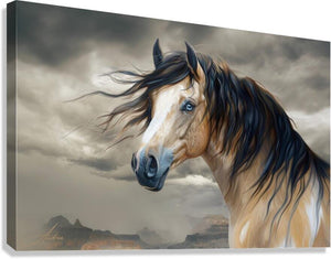 Tallulah Blue Eyed Buckskin | Andrea Record Fine Art | Yellowstone Spirit Southwestern Collection artwork Objects Of Beauty Southwest Giclée Stretched Canvas Print 12x8inches (31x21cm) 