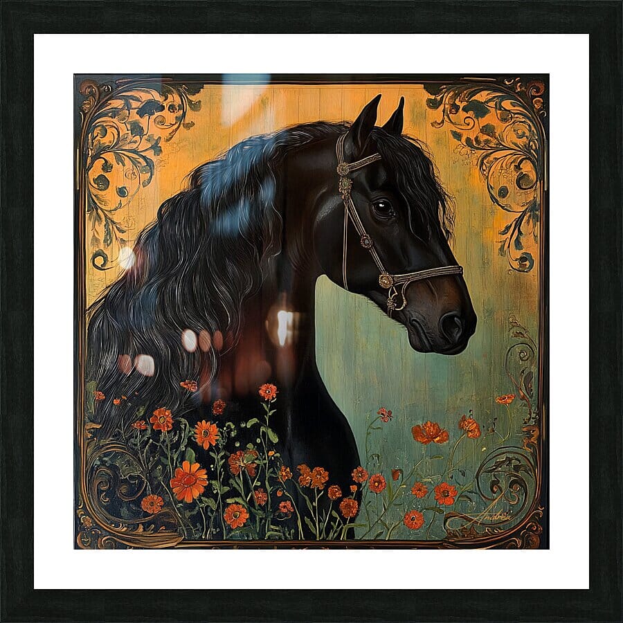Tamuchi Black Frisian Horse Painting | Yellowstone Spirit Southwestern Collection Painting Print Objects Of Beauty Southwest Framed Print 8x8inches (21x21cm) 