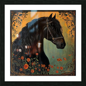 Tamuchi Black Frisian Horse Painting | Yellowstone Spirit Southwestern Collection Painting Print Objects Of Beauty Southwest Framed Print 8x8inches (21x21cm) 