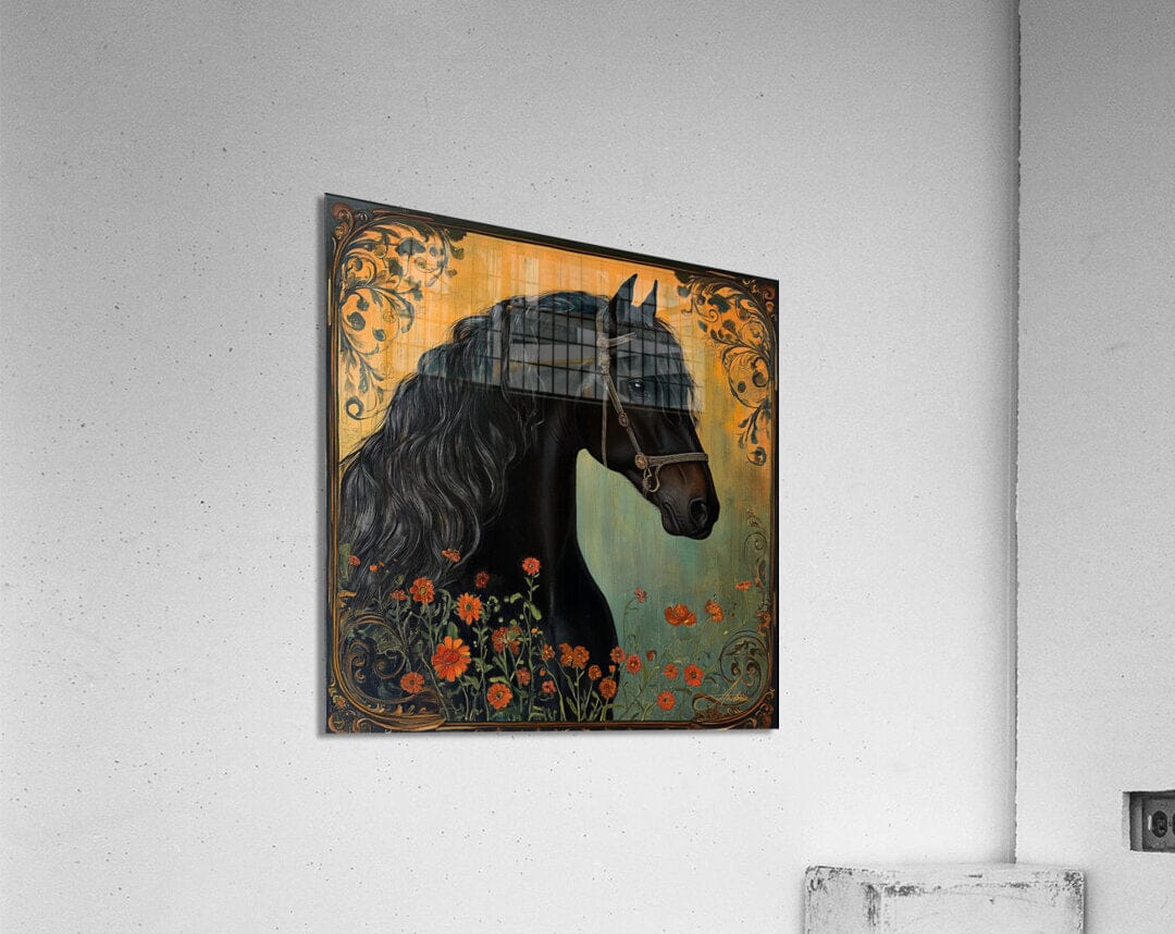 Tamuchi Black Frisian Horse Painting | Yellowstone Spirit Southwestern Collection Painting Print Objects Of Beauty Southwest Acrylic Print 8x8inches (21x21cm) 