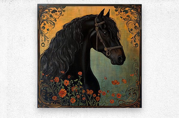 Tamuchi Black Frisian Horse Painting | Yellowstone Spirit Southwestern Collection Painting Print Objects Of Beauty Southwest Brushed Metal Print 8x8inches (21x21cm) 