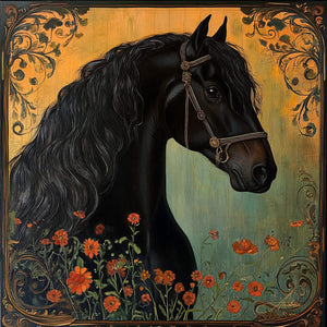 Tamuchi Black Frisian Horse Painting | Yellowstone Spirit Southwestern Collection Painting Print Objects Of Beauty Southwest Giclee Fine Art Matte Paper Print 8x8inches (21x21cm) 