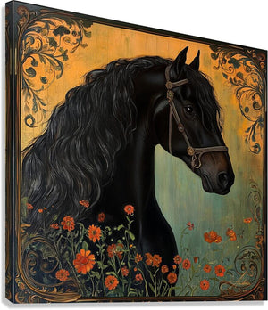 Tamuchi Black Frisian Horse Painting | Yellowstone Spirit Southwestern Collection Painting Print Objects Of Beauty Southwest Giclée Stretched Canvas Print 8x8inches (21x21cm) 