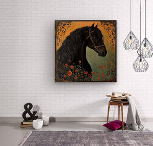 Tamuchi Black Frisian Horse Painting | Yellowstone Spirit Southwestern Collection Painting Print Objects Of Beauty Southwest Wood Print 8x8inches (21x21cm) 