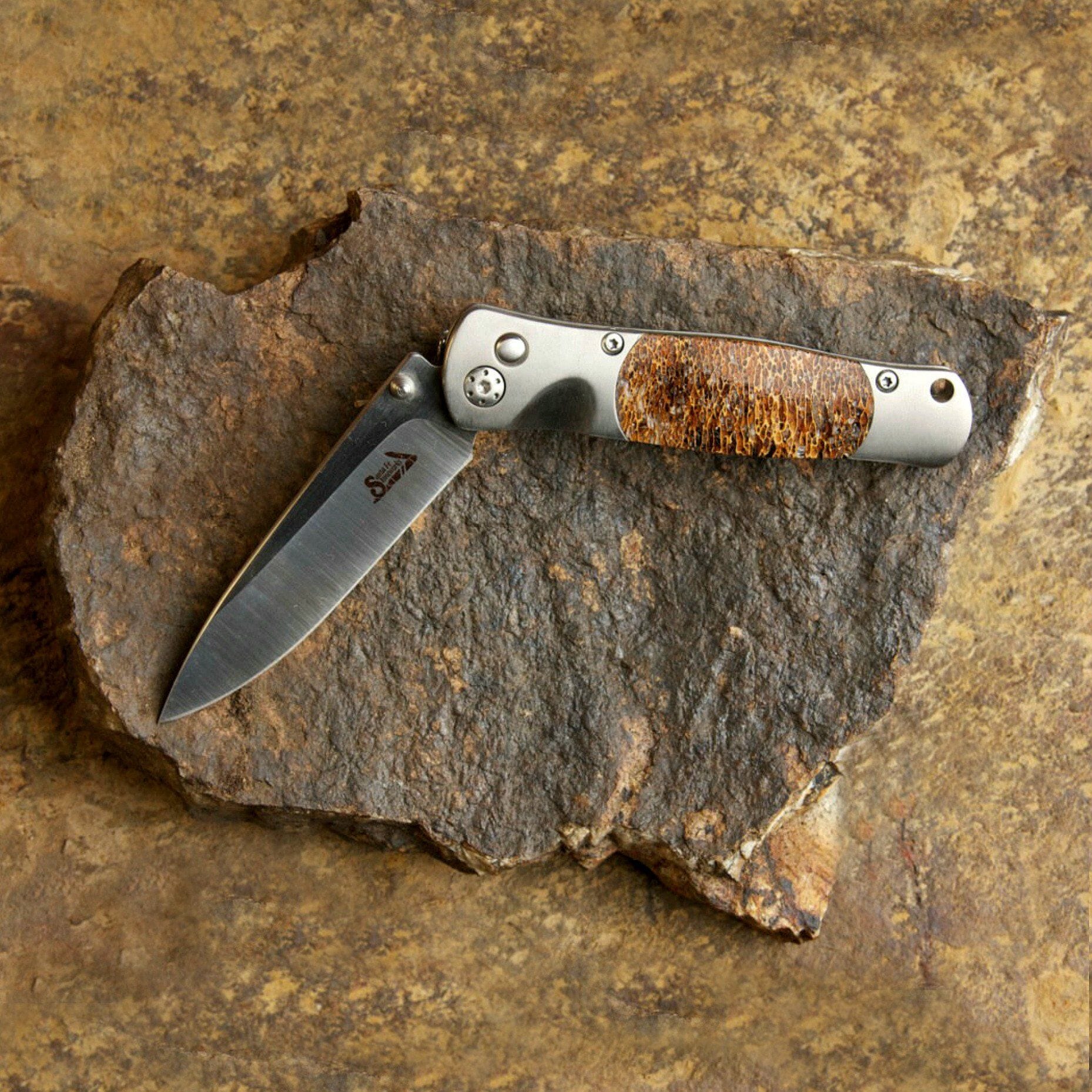 Tesoro Fossilized Woolly Mammoth Bone 3-3/4" Button Lock Knife with Titanium Body | Santa Fe Stoneworks Spirit Animal Knives Santa Fe Stoneworks 