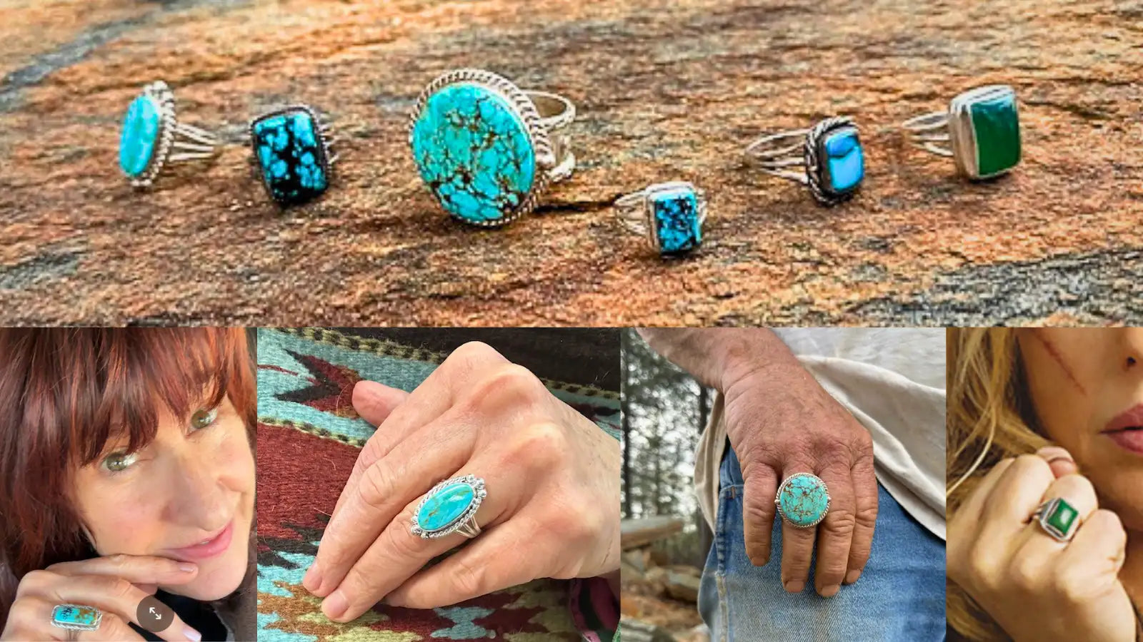 Turquoise stone ring with silver band and intricate detailing.