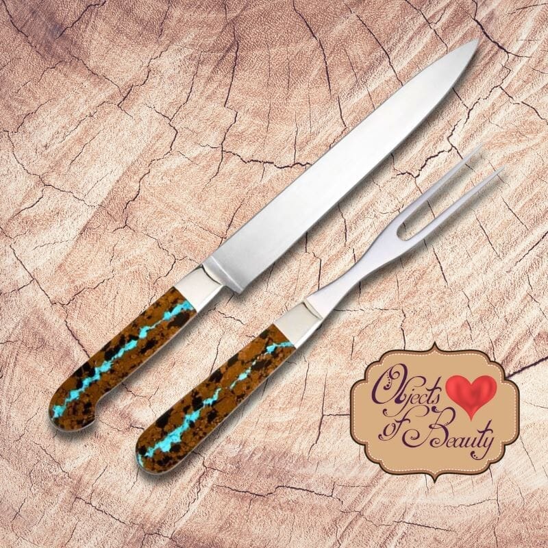 Vein Turquoise Carving Set on Wood | Yellowstone Spirit Southwestern Collection Turquoise Serving Set Santa Fe Stoneworks 