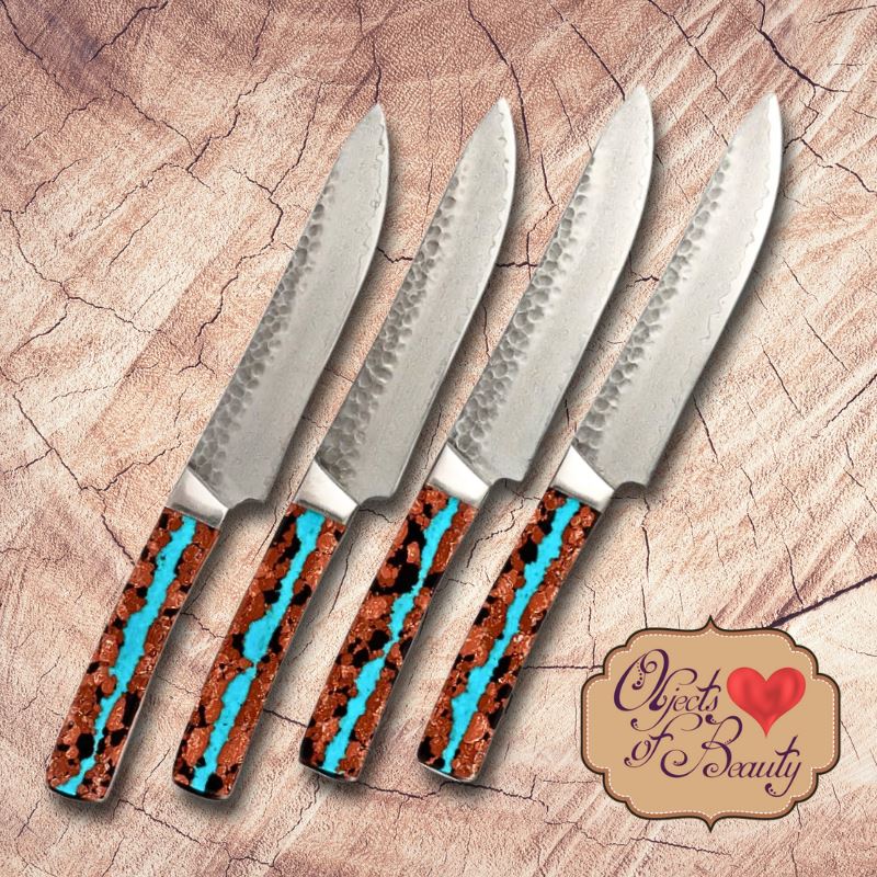 Vein Turquoise Hammered Damascus Blade Steak Knives Set of 4 | Yellowstone Spirit Southwestern Collection Turquoise Steak Knife Set Santa Fe Stoneworks 