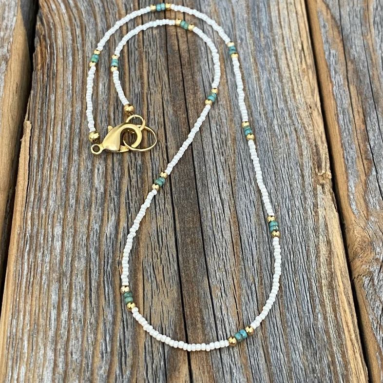 White Czech Glass and Turquoise Beaded Gold Necklace | Yellowstone Spirit Southwestern Collection Czech Glass and Turquoise Necklace Objects of Beauty Southwest 