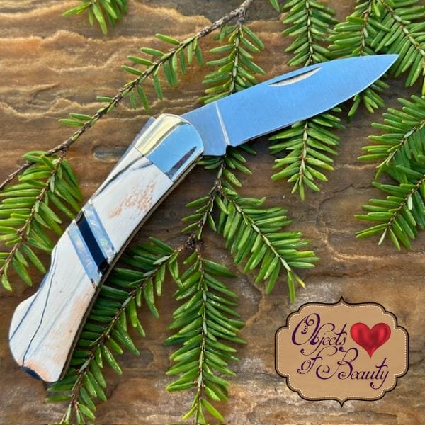White & Grey Fossilized Woolly Mammoth Tusk 3 inch Knife w/ Damascus Blade | Yellowstone Spirit and Spirit Animal (Copy) Collectible Pocket Knives Santa Fe Stoneworks 