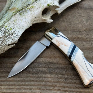 White & Grey Fossilized Woolly Mammoth Tusk 3 inch Knife w/ Damascus Blade | Yellowstone Spirit and Spirit Animal (Copy) Collectible Pocket Knives Santa Fe Stoneworks 