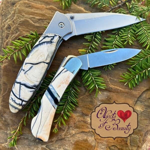 White & Grey Fossilized Woolly Mammoth Tusk 3 inch Knife w/ Damascus Blade | Yellowstone Spirit and Spirit Animal (Copy) Collectible Pocket Knives Santa Fe Stoneworks 