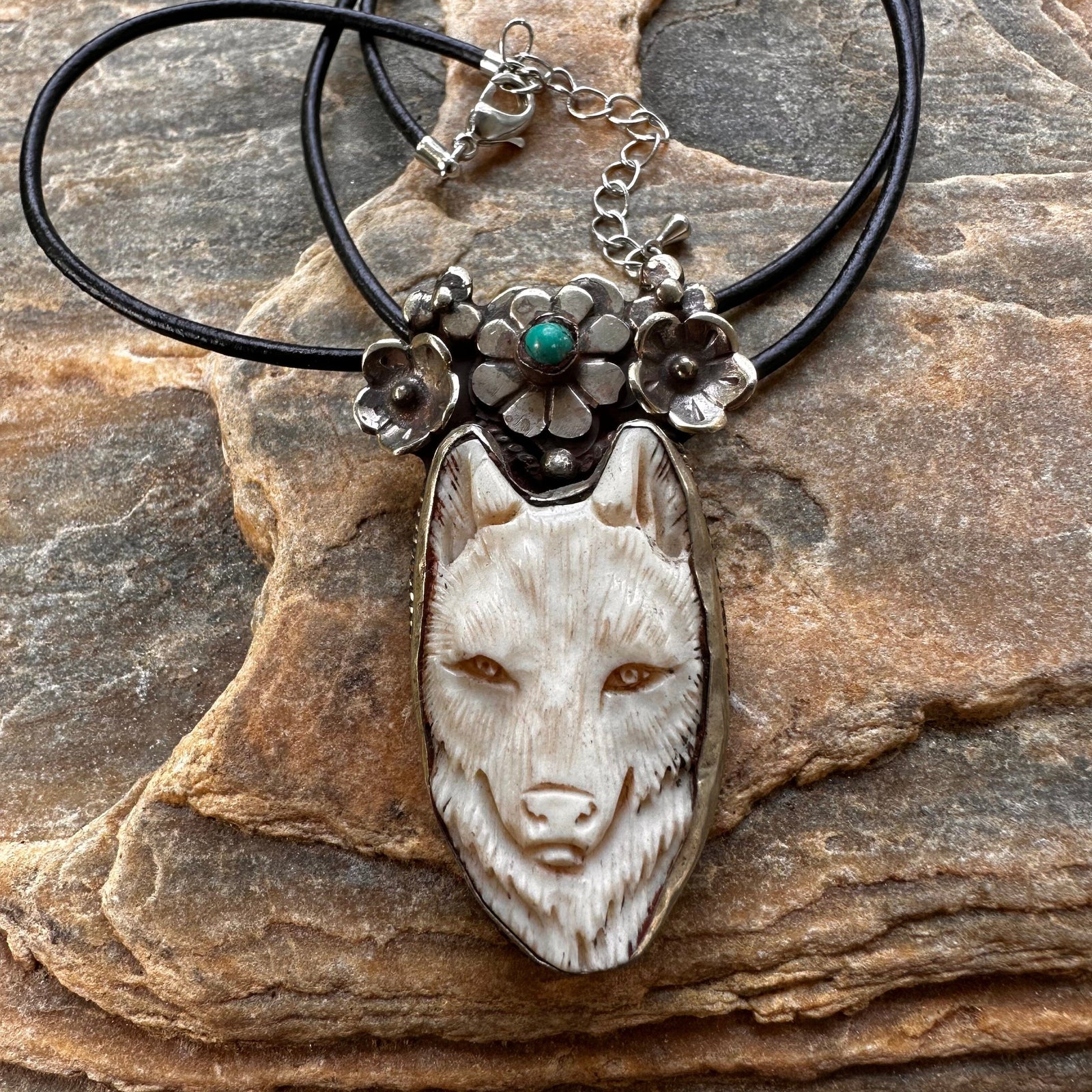 Wolf Pendant Necklace with Turquoise Flower Carved Bone | Yellowstone Spirit and Spirit Animal Collections Wolf Necklace Objects of Beauty 