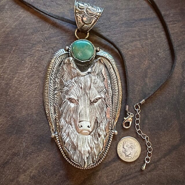 Wolf w Turquoise Disc Large | Yellowstone Spirit Southwestern and Spirit Animal Collection Necklaces Objects of Beauty Southwest 
