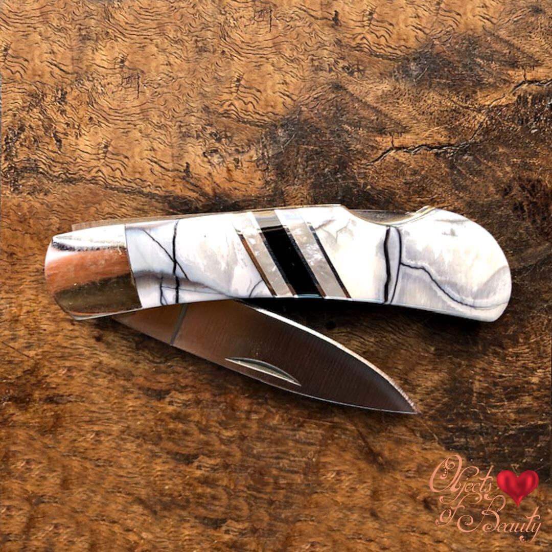 White & Grey Fossilized Woolly Mammoth Tusk 3 Inch Knife w/ Plain Blade | Yellowstone Spirit Collectible Pocket Knives Santa Fe Stoneworks 