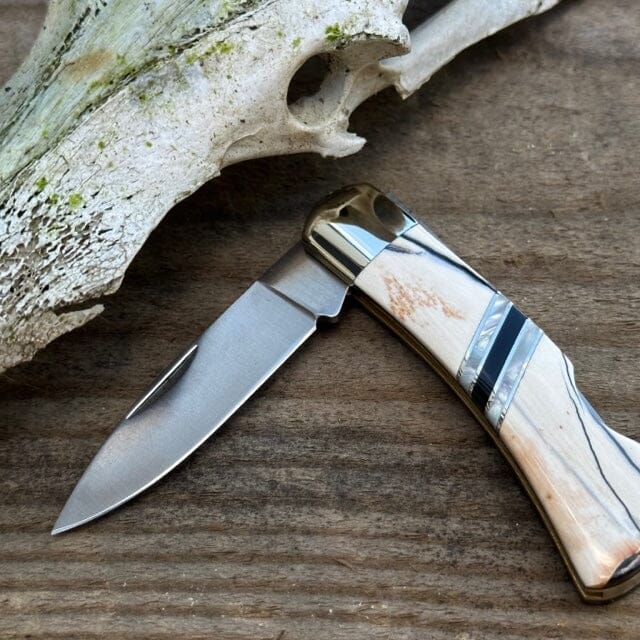 White & Grey Fossilized Woolly Mammoth Tusk 3 Inch Knife w/ Plain Blade | Yellowstone Spirit Collectible Pocket Knives Santa Fe Stoneworks 