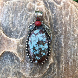 Asymmetrical Powder Blue w/ Brown Matrix Turquoise Pendant w Floral Leaf and Coral Details Objects of Beauty 