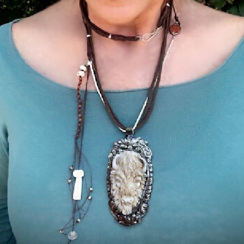 Bison Chief Carved Bone and Carnelian Talisman | Spirit Animal Necklace Talisman Necklace Objects of Beauty Southwest  | Yellowstone Spirit Southwestern Collection