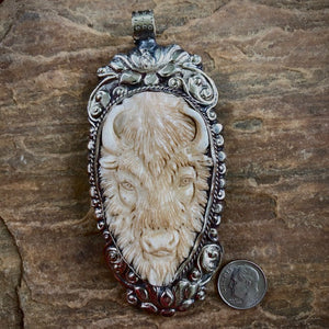 Bison Chief Pendant | Carved Bone | Yellowstone Collection Pendant Necklace Objects of Beauty Southwest  with dime