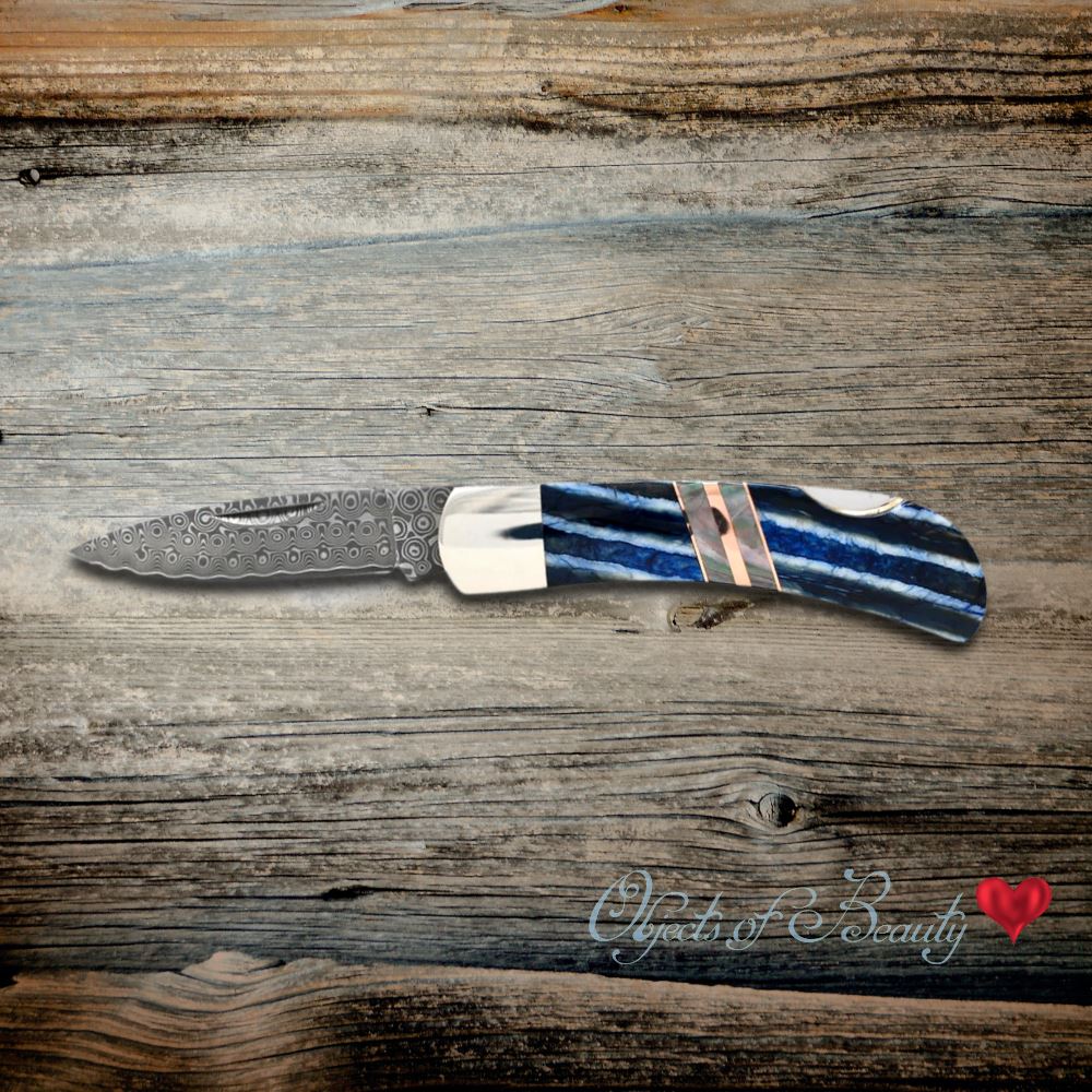 Blue Fossilized Mammoth Molar tooth 3" Knife with Copper and Black Lip Mother of Pearl stripe details and Raindrop Damascus Blade Pocket Folders Santa Fe Stoneworks 