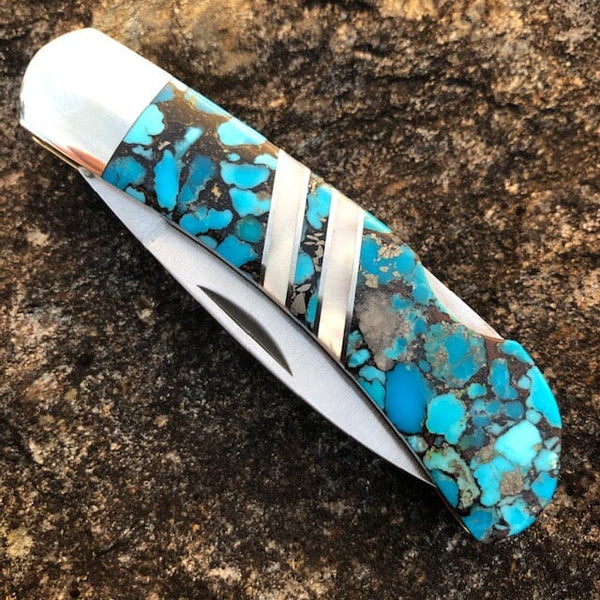 Blue Bonita Nugget Turquoise 4 Knife w Damascus Blade