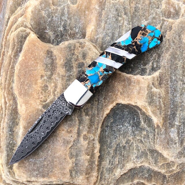 Blue Kingman Turquoise-Obsidian-Bronze 3" Damascus Knife | Yellowstone Spirit Southwestern Collection Knives Santa Fe Stoneworks 