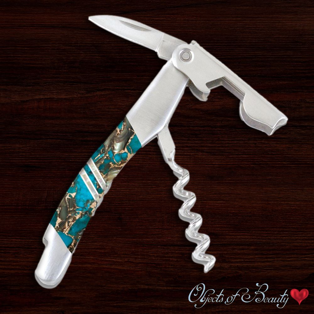 Blue Kingman Turquoise / Obsidian w Bronze and MOP Corkscrew | Santa Fe Stoneworks Corkscrew Santa Fe Stoneworks 