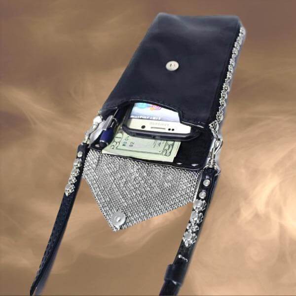 Brienne Liquid Metal Leather Cell Phone Bag | SG Liquid Silver Mesh Purses and Bags Sergio Gutierrez Liquid Metal Jewelry 