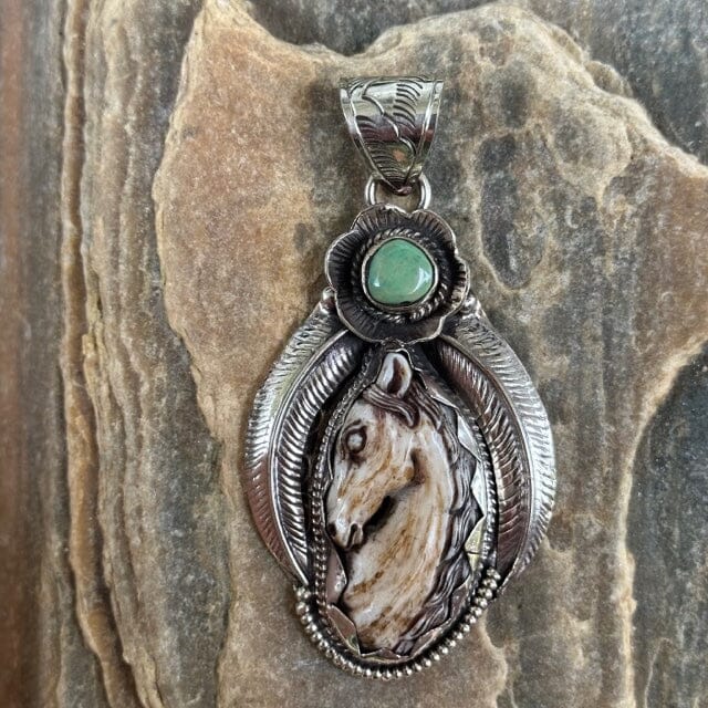 Carved Bone Horse Pendant Necklace w Green Turquoise Stud Yellowston Objects of Beauty